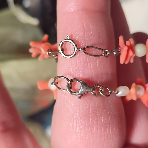 Bracelet,red coral and pearl's and jade,925 silver clasp and chain - Picture 2 of 6